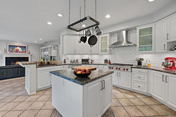Fireplace, Interior, Kitchen, Pendant Lights, Recessed Lighting, Stainless Steel Appliances