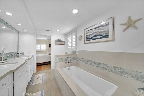 Bathroom, Bedroom, Dual Sink Vanities, Interior, Recessed Lighting, Wood Texture Flooring
