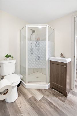 Bathroom, Glass Shower, Interior, Wood Texture Flooring