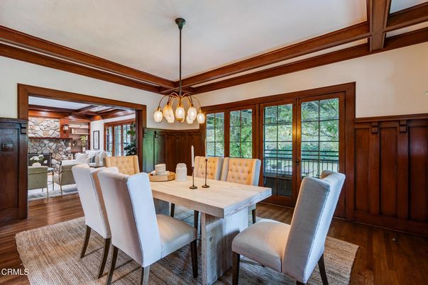 Dining room, Fireplace, Interior, Living room, Pendant Lights, Stone Walls, Wood Texture Flooring