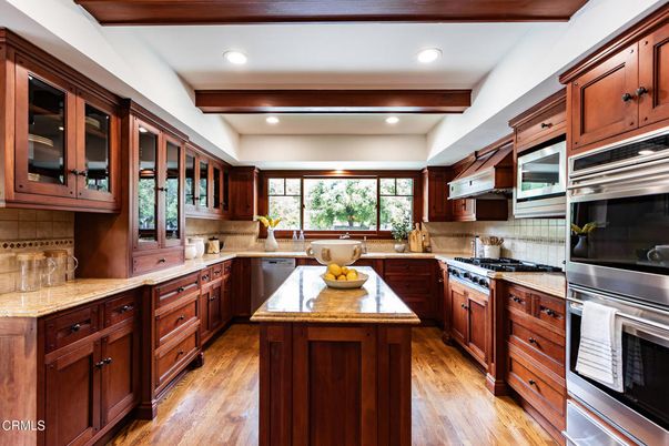 Interior, Kitchen, Recessed Lighting, Stainless Steel Appliances, Wooden Beams, Wood Texture Flooring
