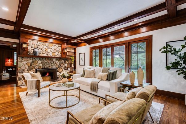 Fireplace, Interior, Living room, Recessed Lighting, Stone Walls, Wooden Beams, Wood Texture Flooring