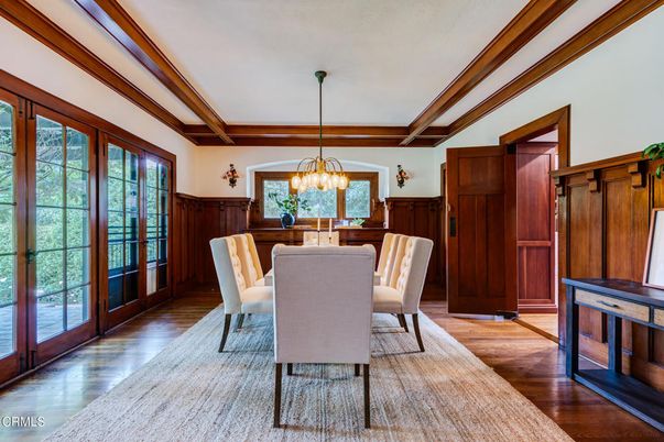 Chandelier, Dining room, Interior, Wooden Beams, Wood Texture Flooring