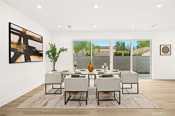 Dining room, Interior, Recessed Lighting, Wood Texture Flooring