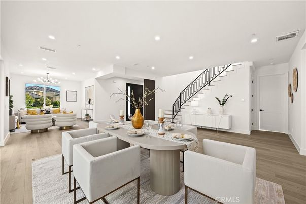Dining room, Interior, Living room, Pendant Lights, Recessed Lighting, Wood Texture Flooring