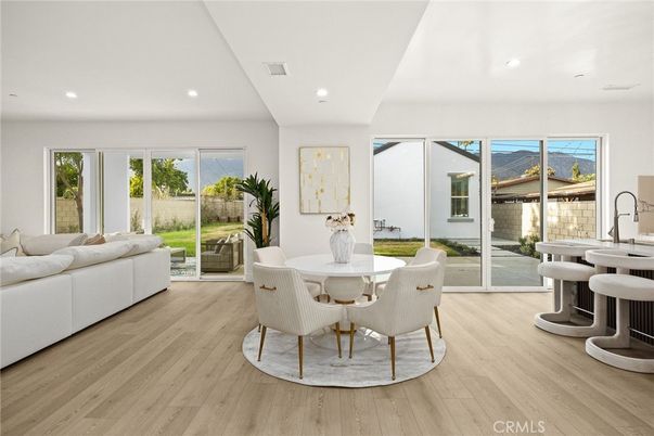 Dining room, Interior, Living room, Recessed Lighting, Wood Texture Flooring