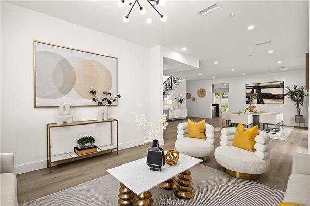 Dining room, Interior, Living room, Pendant Lights, Recessed Lighting, Wood Texture Flooring