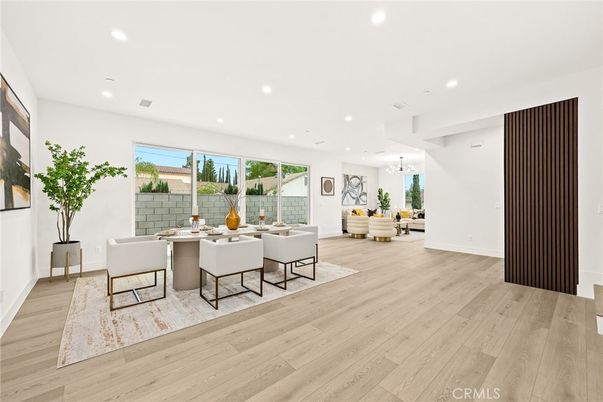 Dining room, Interior, Pendant Lights, Recessed Lighting, Wood Texture Flooring