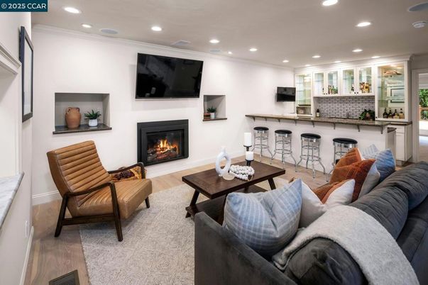 Fireplace, Interior, Living room, Recessed Lighting, Wood Texture Flooring