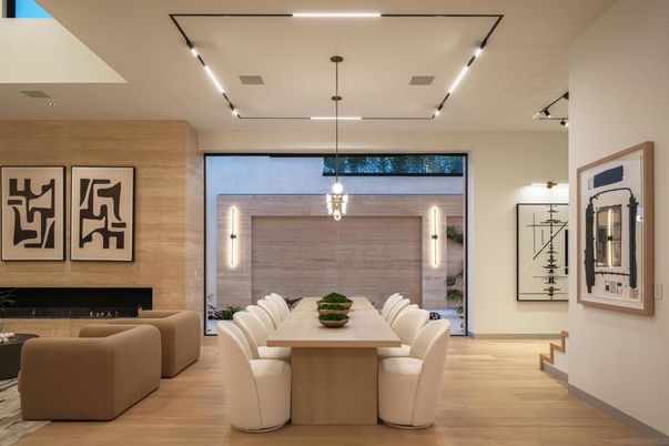 Dining room, Fireplace, Interior, Pendant Lights, Wood Texture Flooring