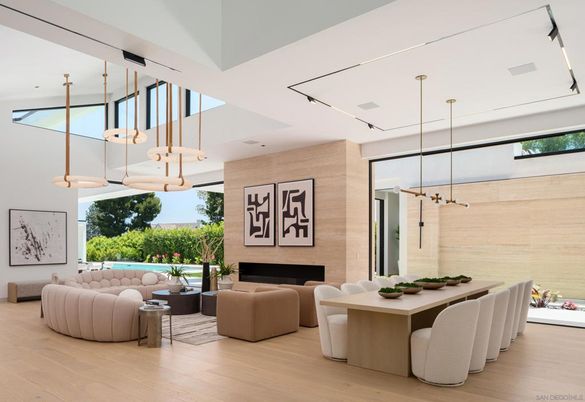 Dining room, Fireplace, Interior, Living room, Pendant Lights, Wood Texture Flooring
