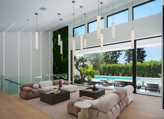 Interior, Living room, Pendant Lights, Wood Texture Flooring