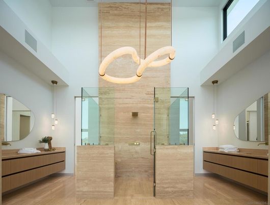 Bathroom, Glass Shower, Interior, Pendant Lights, Wood Texture Flooring
