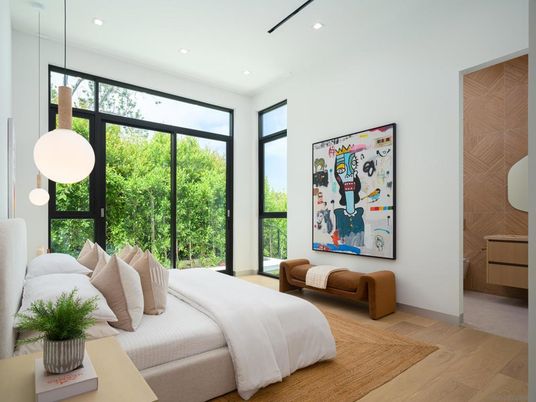 Bedroom, Interior, Pendant Lights, Recessed Lighting, Wood Texture Flooring
