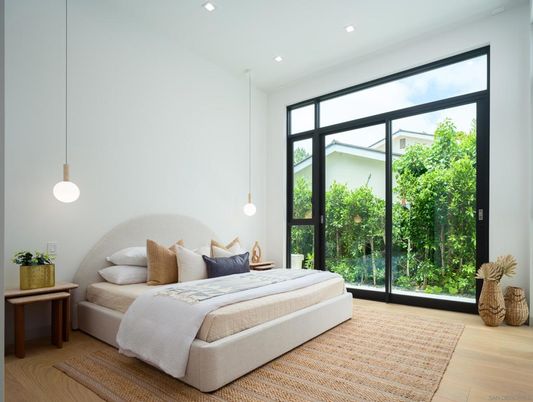 Bedroom, Interior, Pendant Lights, Recessed Lighting, Wood Texture Flooring