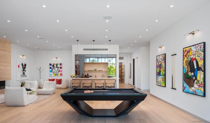Billiard Table, Game Room, Interior, Pendant Lights, Recessed Lighting, Wood Texture Flooring