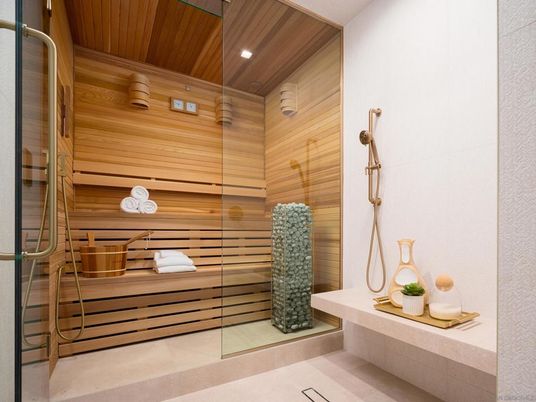 Bathroom, Glass Shower, Interior, Recessed Lighting, Sauna Room