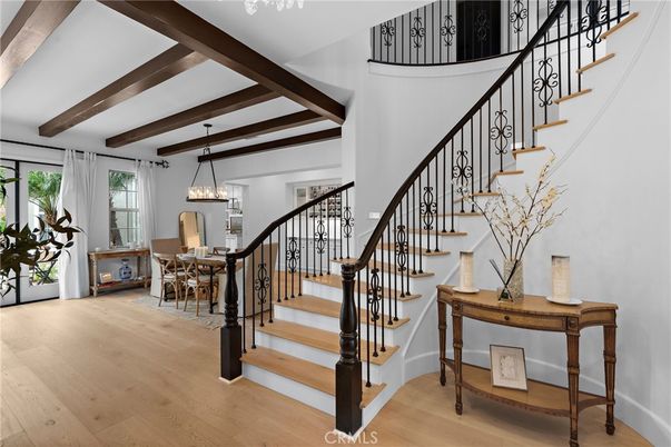 Chandelier, Dining room, Interior, Pendant Lights, Wooden Beams, Wood Texture Flooring