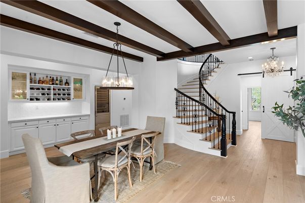 Chandelier, Dining room, Interior, Pendant Lights, Wooden Beams, Wood Texture Flooring