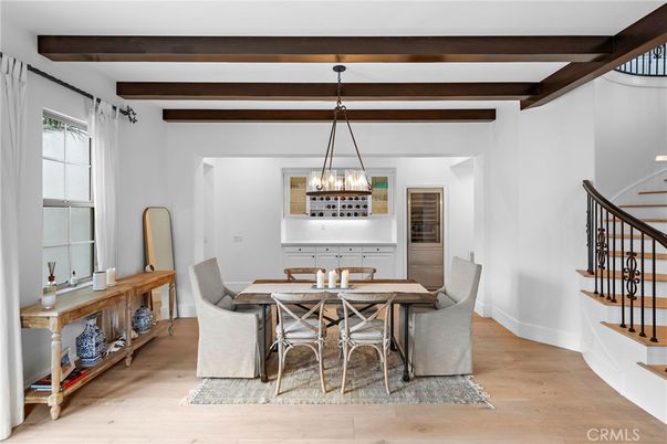 Dining room, Interior, Pendant Lights, Wooden Beams, Wood Texture Flooring
