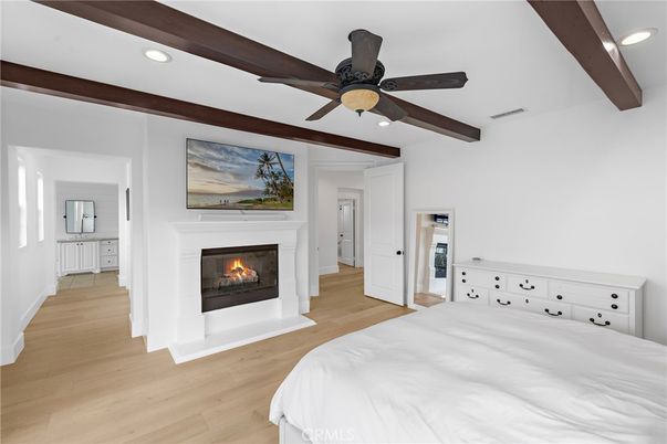 Bedroom, Fireplace, Interior, Recessed Lighting, Wooden Beams, Wood Texture Flooring