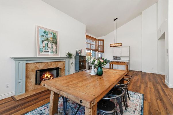 Dining room, Fireplace, Interior, Pendant Lights, Wood Texture Flooring