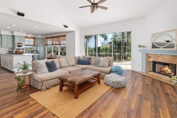 Fireplace, Interior, Kitchen, Living room, Recessed Lighting, Stainless Steel Appliances, Wood Texture Flooring
