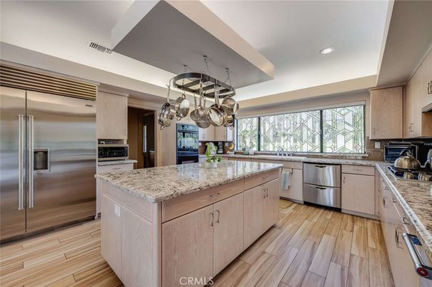 Chandelier, Interior, Kitchen, Recessed Lighting, Stainless Steel Appliances, Wood Texture Flooring