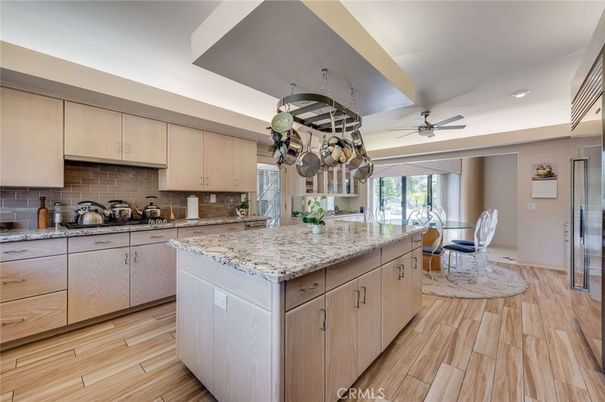 Interior, Kitchen, Recessed Lighting, Stone Walls, Wood Texture Flooring