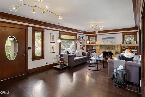 Fireplace, Interior, Living room, Pendant Lights, Wood Texture Flooring