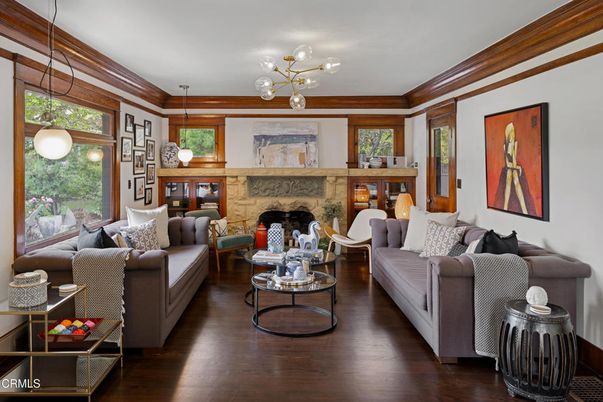 Fireplace, Interior, Living room, Pendant Lights, Wood Texture Flooring