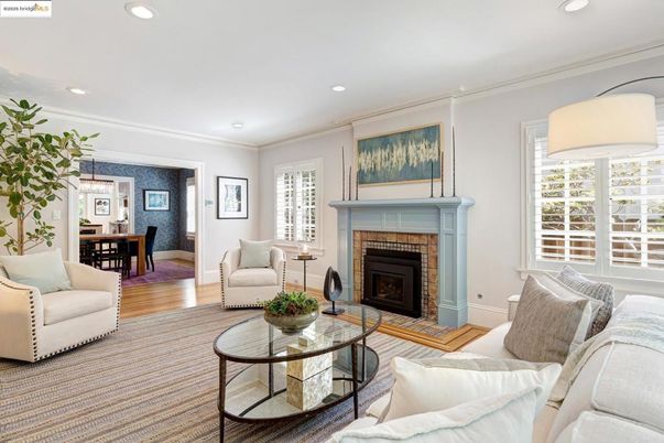 Dining room, Fireplace, Interior, Living room, Pendant Lights, Recessed Lighting, Wood Texture Flooring