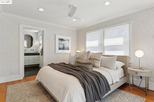 Bedroom, Interior, Recessed Lighting, Wood Texture Flooring