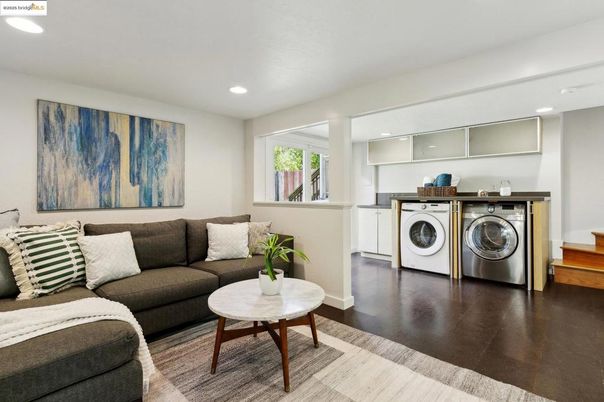 Interior, Living room, Recessed Lighting, Washer, Wood Texture Flooring