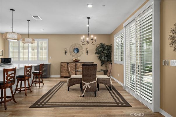 Chandelier, Dining room, Interior, Pendant Lights, Recessed Lighting, Wood Texture Flooring