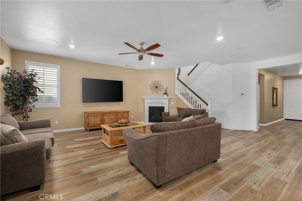 Fireplace, Interior, Living room, Recessed Lighting, Wood Texture Flooring