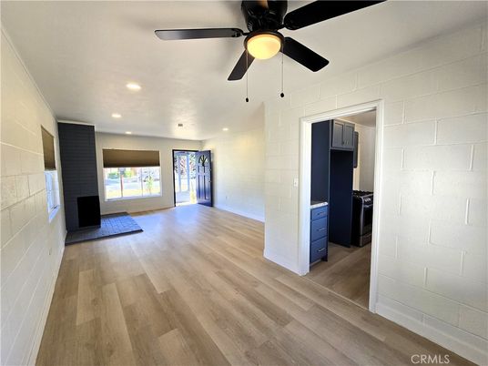 Empty room, Interior, Recessed Lighting, Stone Walls, Wood Texture Flooring