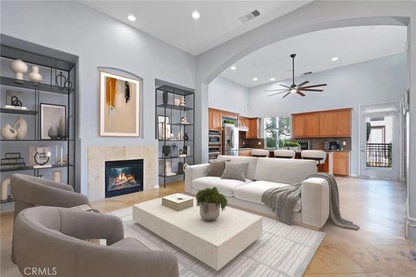 Fireplace, Interior, Kitchen, Living room, Pendant Lights, Recessed Lighting, Wood Texture Flooring