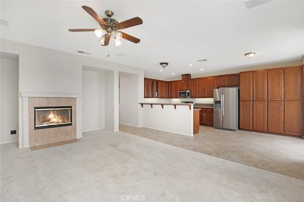 Fireplace, Interior, Kitchen, Recessed Lighting, Stainless Steel Appliances