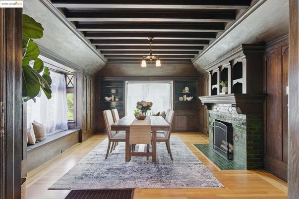 Dining room, Fireplace, Interior, Pendant Lights, Wooden Beams, Wood Texture Flooring, Wooden Walls
