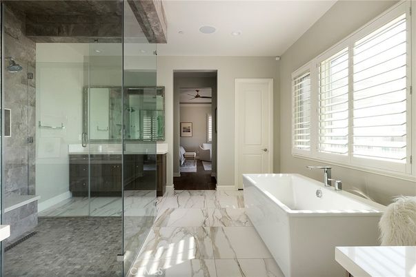 Bathroom, Glass Shower, Interior, Marble, Recessed Lighting
