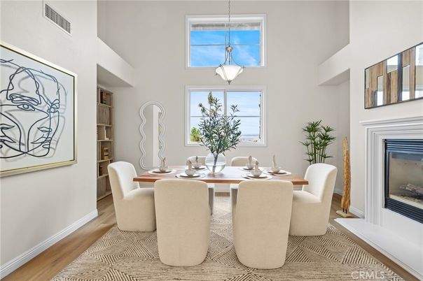 Dining room, Fireplace, Interior, Pendant Lights, Wood Texture Flooring