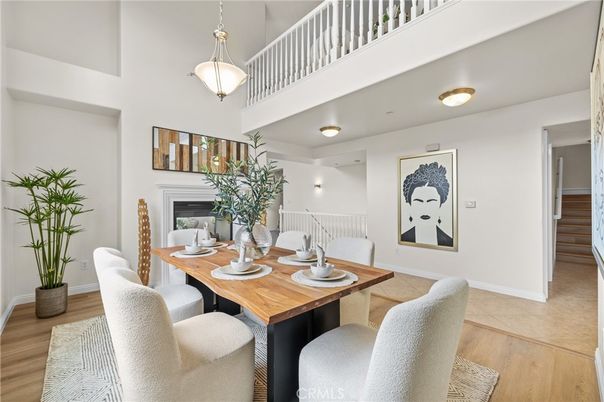 Dining room, Fireplace, Interior, Pendant Lights, Wood Texture Flooring