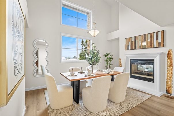 Dining room, Fireplace, Interior, Pendant Lights, Wood Texture Flooring