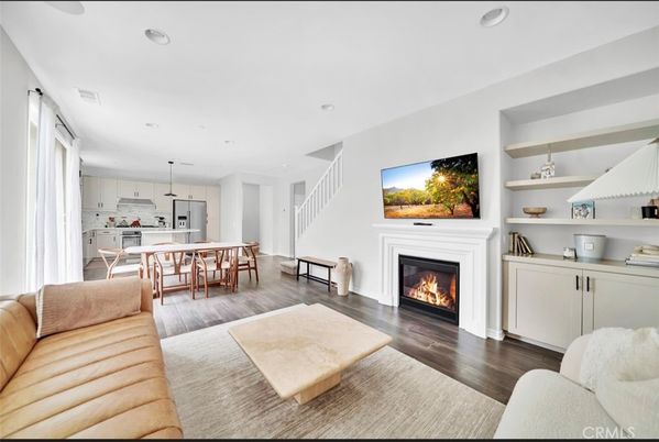 Dining room, Fireplace, Interior, Kitchen, Living room, Pendant Lights, Recessed Lighting, Wood Texture Flooring