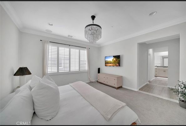 Bedroom, Chandelier, Interior, Recessed Lighting, Wood Texture Flooring