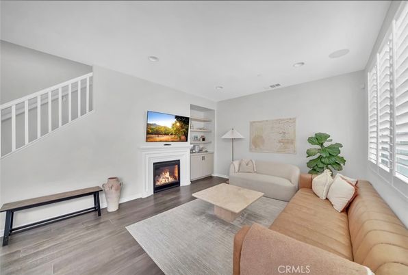 Fireplace, Interior, Living room, Recessed Lighting, Wood Texture Flooring