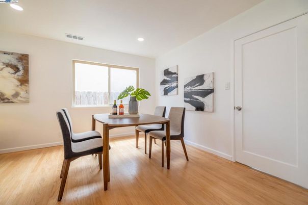 Dining room, Interior, Recessed Lighting, Wood Texture Flooring