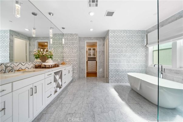 Bathroom, Dual Sink Vanities, Free Standing Baths, Glass Shower, Interior, Marble, Pendant Lights, Recessed Lighting