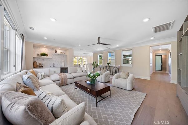 Dining room, Interior, Kitchen, Living room, Marble Walls, Pendant Lights, Recessed Lighting, Wood Texture Flooring